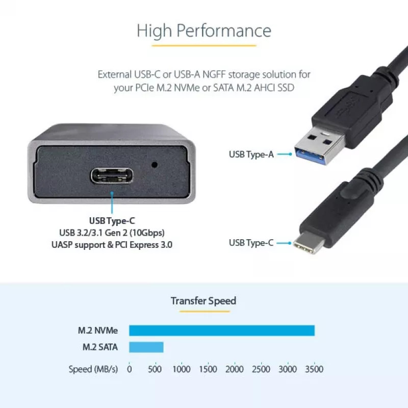 StarTech.com case USB-C 10 Gbit/s per M.2 NVMe o M.2 SATA SSD – case esterno in alluminio senza attrezzi per M.2 PCIe/SATA NGFF SSD – cavo host USB Type-C e Type-A – supporta 2230/2242/2260/2280