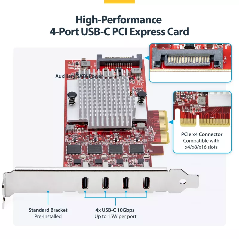 StarTech.com Scheda PCIe USB Type-C a 4 porte, USB 3.2 10Gbps, scheda di espansione USB-C PCI Express, 4 controller USB indipendenti, Windows/Linux/macOS, conforme TAA