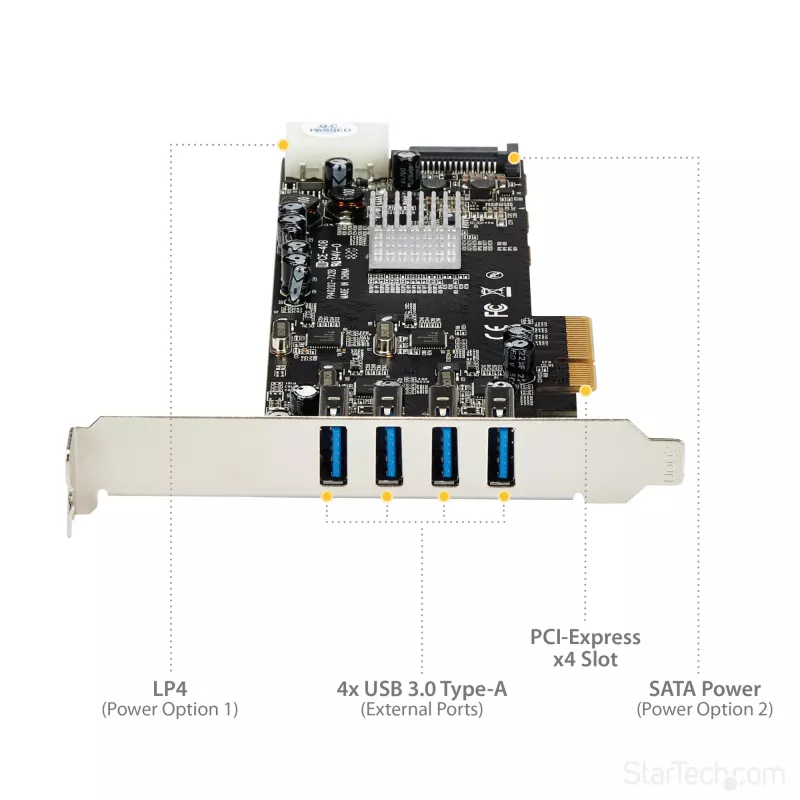 Scheda PCIe StarTech.com con 4 porte USB 3.0 e 4 canali dedicati da 5 Gbps (USB 3.1 Gen 1) – UASP – alimentazione SATA / LP4 – scheda adattatore PCI Express