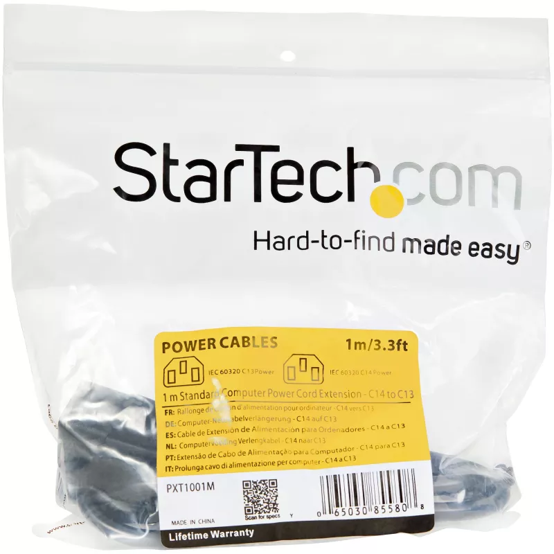 StarTech.com Cavo di prolunga elettrica 1m, C14 a C13, 10A 125V, 18AWG, cavo di prolunga per computer, prolunga cavo AC da IEC-320-C14 a IEC-320-C13 per alimentatori, certificato UL