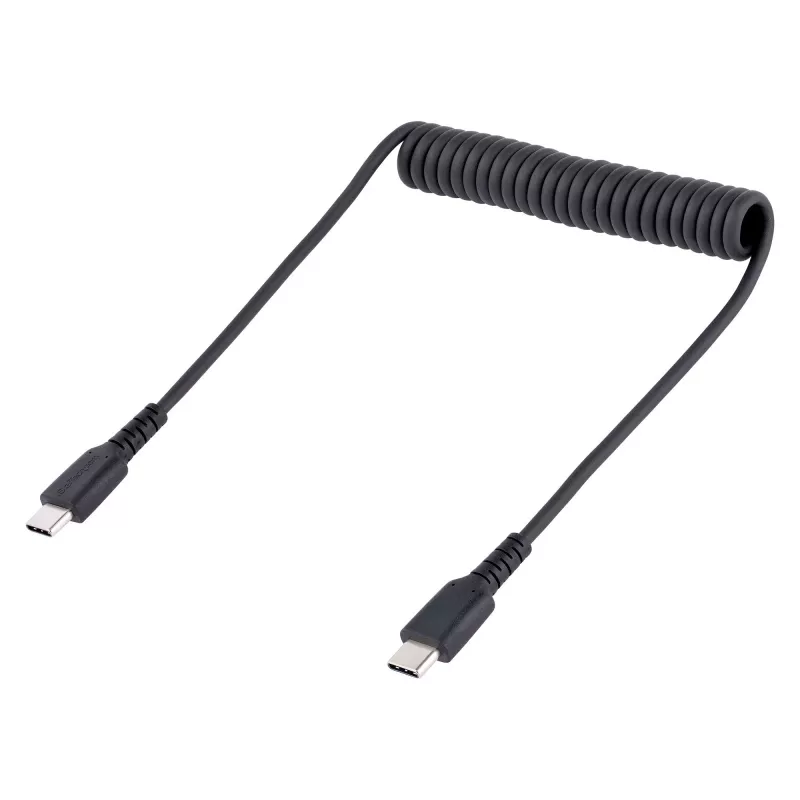 StarTech.com Cavo di ricarica USB-C 20in (50cm), cavo a spirale, robusto, ricarica rapida e sincronizzazione, USB 2.0 Type-C, con fibra aramidica resistente, cavo USB maschio-maschio durevole, nero