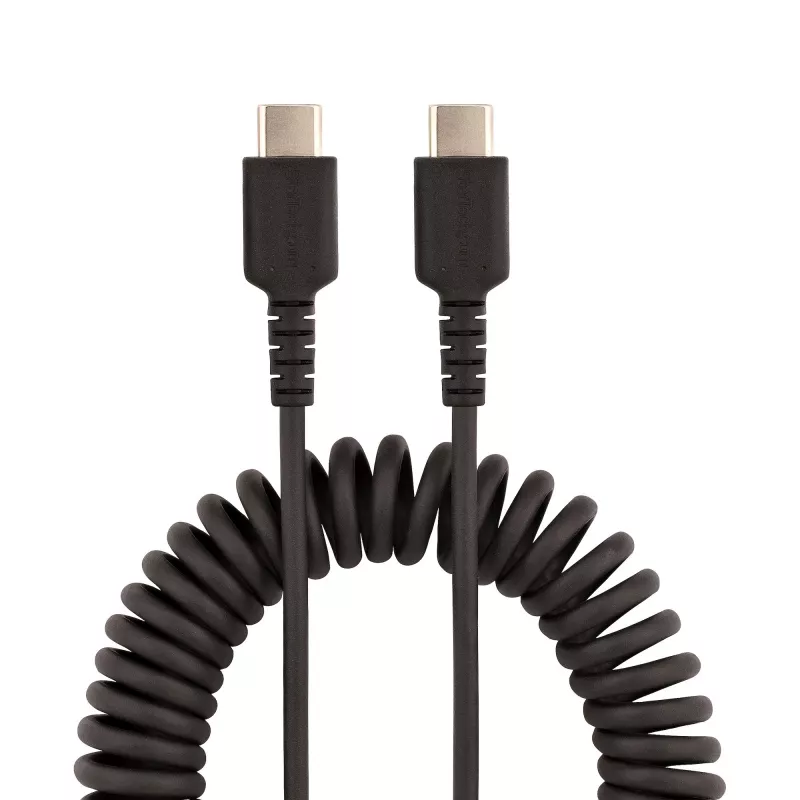 StarTech.com Cavo di ricarica USB-C 20in (50cm), cavo a spirale, robusto, ricarica rapida e sincronizzazione, USB 2.0 Type-C, con fibra aramidica resistente, cavo USB maschio-maschio durevole, nero
