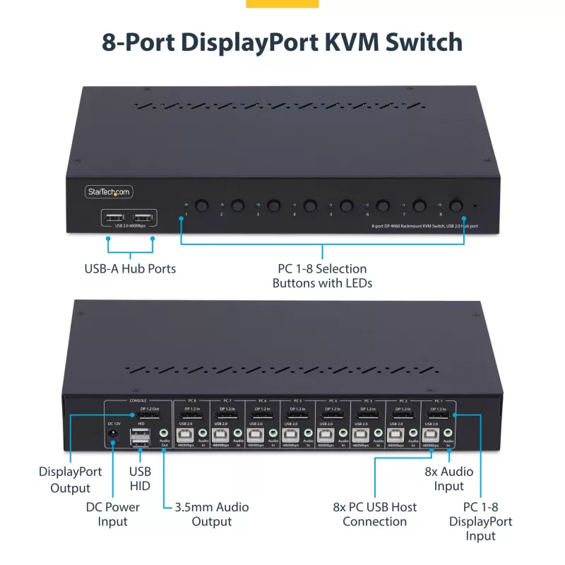 StarTech.com Switch KVM DisplayPort a 8 porte con kit di montaggio rack 1U, 4K 60Hz DP 1.2, commutazione tramite tasti e hotkey, hub USB a 4 porte, indipendente dal sistema operativo, conforme TAA