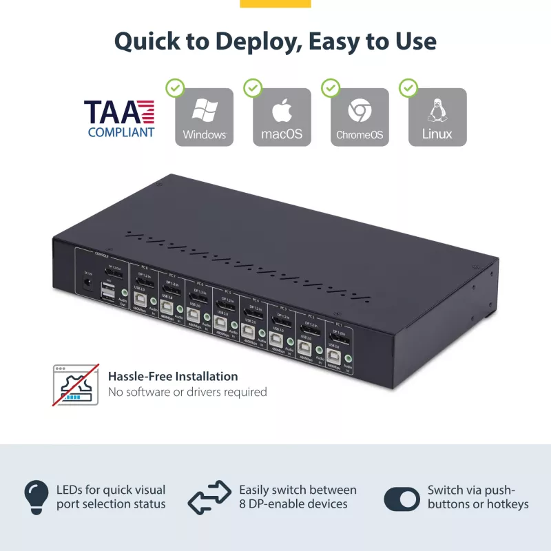 StarTech.com Switch KVM DisplayPort a 8 porte con kit di montaggio rack 1U, 4K 60Hz DP 1.2, commutazione tramite tasti e hotkey, hub USB a 4 porte, indipendente dal sistema operativo, conforme TAA