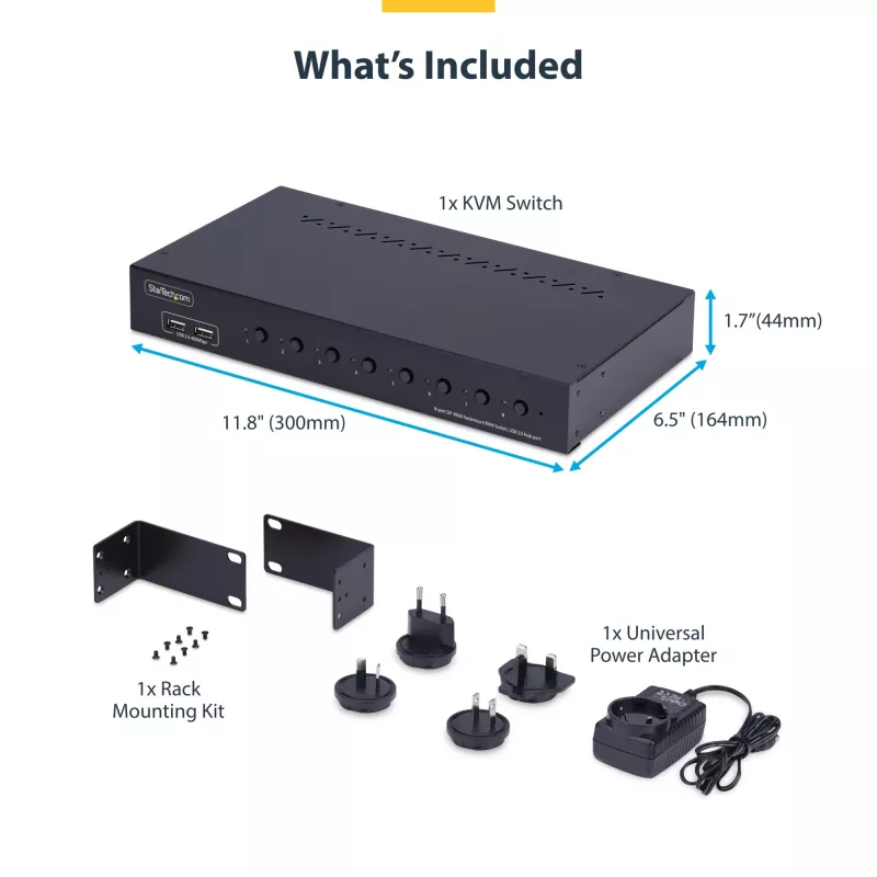 StarTech.com Switch KVM DisplayPort a 8 porte con kit di montaggio rack 1U, 4K 60Hz DP 1.2, commutazione tramite tasti e hotkey, hub USB a 4 porte, indipendente dal sistema operativo, conforme TAA