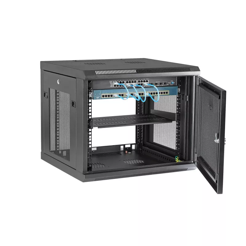 StarTech.com Armadio di rete a parete 4-Post 9U con ripiano 1U, rack server a parete 19 pollici per dispositivi dati/AV/elettronica/computer, piccolo case rack ventilato