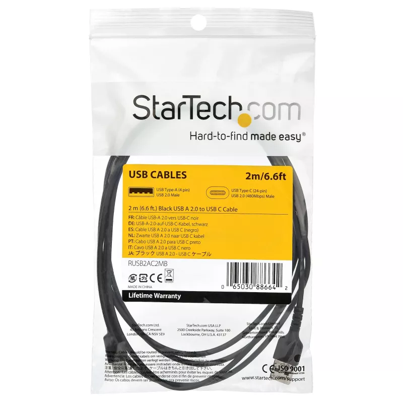 StarTech.com Cavo di ricarica USB-A a USB-C da 2m – cavo robusto per ricarica rapida e sincronizzazione USB 2.0 a USB Type-C – guaina TPE resistente fibra aramidica M/M 3A nero – Samsung S10, iPad Pro, Pixel
