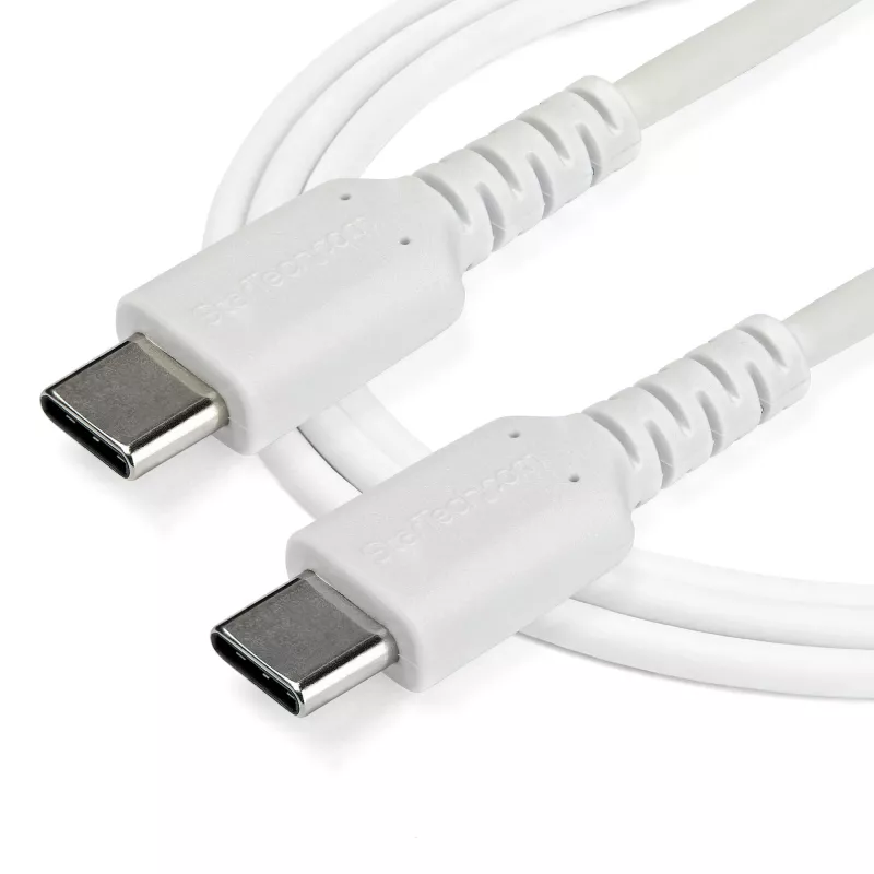 StarTech.com Cavo di ricarica USB-C da 1m – cavo robusto per ricarica rapida e sincronizzazione USB 2.0 Type-C a USB-C per laptop – guaina TPE fibra aramidica M/M 60W bianco – Samsung S10 S20 iPad Pro MS Surface