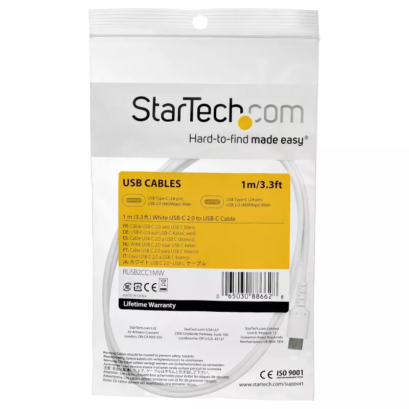 StarTech.com Cavo di ricarica USB-C da 1m – cavo robusto per ricarica rapida e sincronizzazione USB 2.0 Type-C a USB-C per laptop – guaina TPE fibra aramidica M/M 60W bianco – Samsung S10 S20 iPad Pro MS Surface