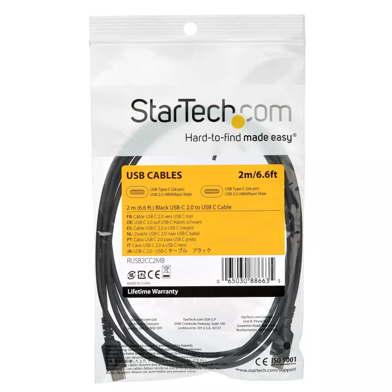 StarTech.com Cavo di ricarica USB-C da 2 m – cavo robusto per ricarica rapida e sincronizzazione USB 2.0 Type-C a USB-C per laptop – guaina TPE fibra aramidica M/M 60 W nero – Samsung S10 S20 iPad Pro MS Surface