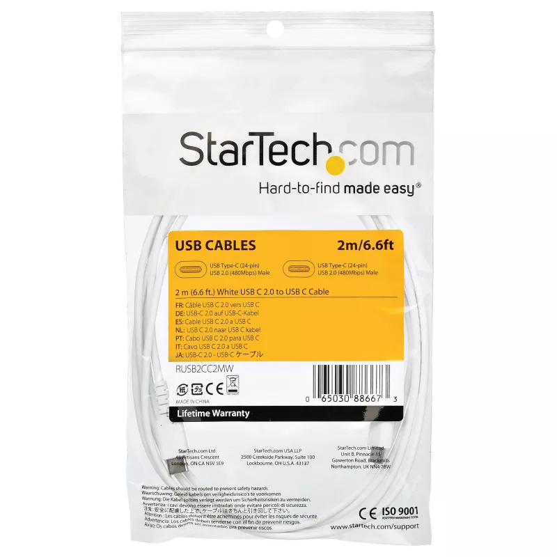 StarTech.com Cavo di ricarica USB-C da 2m – cavo robusto per ricarica rapida e sincronizzazione USB 2.0 Type-C a USB-C per laptop – guaina TPE fibra aramidica M/M 60W bianco – Samsung S10 S20 iPad Pro MS Surface