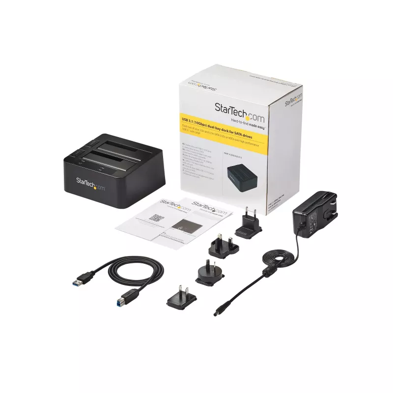StarTech.com Docking station per disco fisso da USB 3.2 Gen 2 a SATA a doppio vano, dock per disco fisso USB 10Gbps, docking station esterna per SSD/HDD SATA I/II/III da 2,5/3,5 pollici, alloggiamento disco fisso hot-swap, caricamento dall'alto