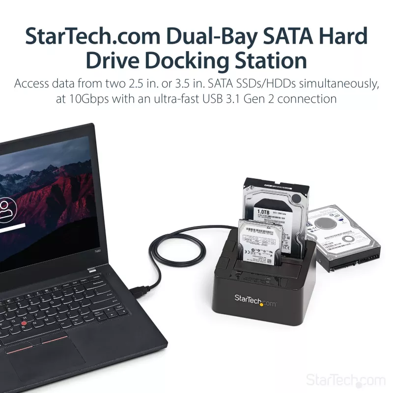 StarTech.com Docking station per disco fisso da USB 3.2 Gen 2 a SATA a doppio vano, dock per disco fisso USB 10Gbps, docking station esterna per SSD/HDD SATA I/II/III da 2,5/3,5 pollici, alloggiamento disco fisso hot-swap, caricamento dall'alto