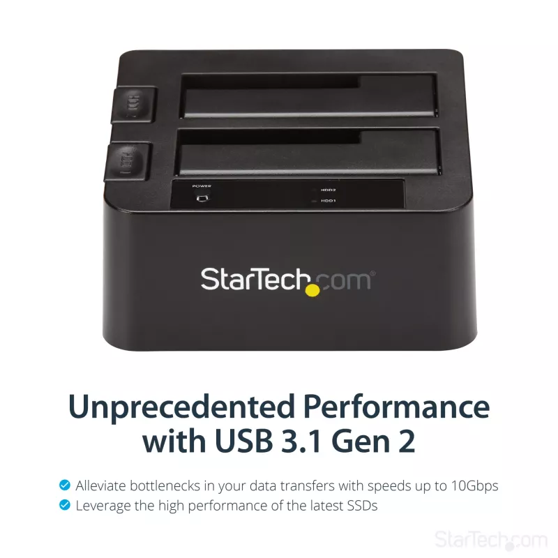 StarTech.com Docking station per disco fisso da USB 3.2 Gen 2 a SATA a doppio vano, dock per disco fisso USB 10Gbps, docking station esterna per SSD/HDD SATA I/II/III da 2,5/3,5 pollici, alloggiamento disco fisso hot-swap, caricamento dall'alto