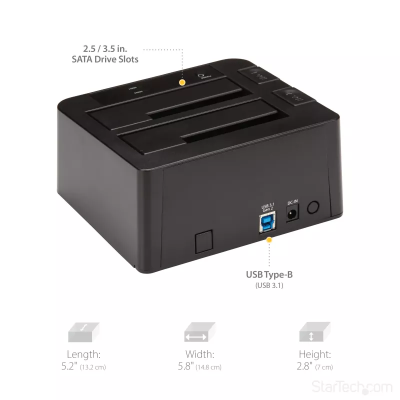 StarTech.com Docking station per disco fisso da USB 3.2 Gen 2 a SATA a doppio vano, dock per disco fisso USB 10Gbps, docking station esterna per SSD/HDD SATA I/II/III da 2,5/3,5 pollici, alloggiamento disco fisso hot-swap, caricamento dall'alto