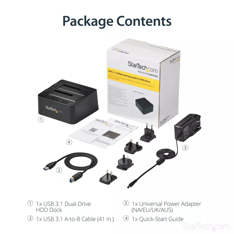 StarTech.com Docking station per disco fisso da USB 3.2 Gen 2 a SATA a doppio vano, dock per disco fisso USB 10Gbps, docking station esterna per SSD/HDD SATA I/II/III da 2,5/3,5 pollici, alloggiamento disco fisso hot-swap, caricamento dall'alto