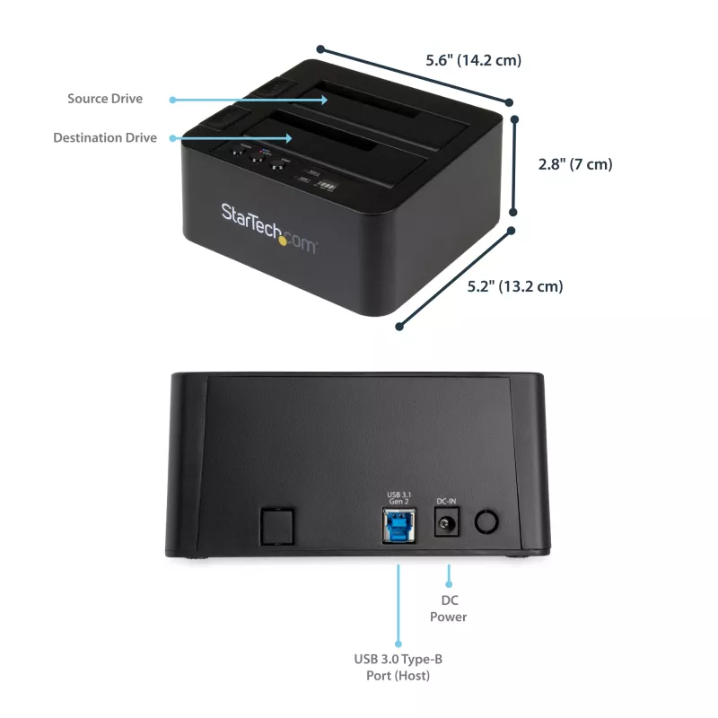 StarTech.com Duplicatore di dischi fissi standalone, clonatore/copiatore HDD/SSD a doppio vano, docking station da USB 3.1 (10 Gbit/s) a SATA III HDD/SSD, dock duplicatore di dischi fissi, clonatore di dischi fissi
