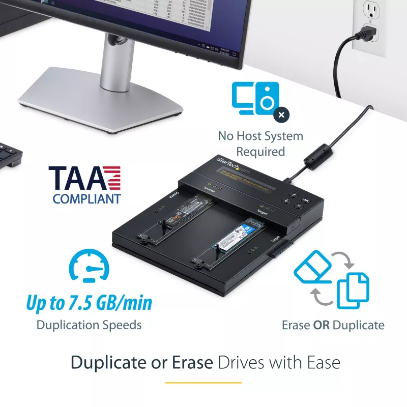 StarTech.com Duplicatore e cancellatore standalone M.2 SATA e M.2 NVMe - Clonatore/wiper HDD/SSD per M.2 PCIe AHCI/NVMe, M.2 SATA, unità SATA da 2,5/3,5 pollici - Cancellatore/duplicatore di dischi fissi esterno, TAA