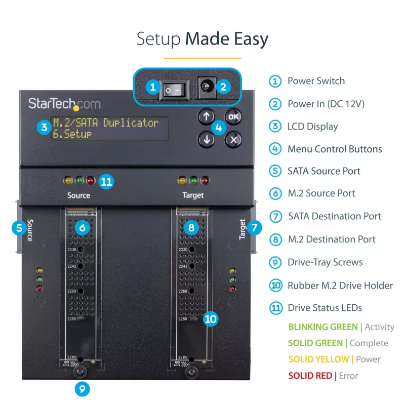 StarTech.com Duplicatore e cancellatore standalone M.2 SATA e M.2 NVMe - Clonatore/wiper HDD/SSD per M.2 PCIe AHCI/NVMe, M.2 SATA, unità SATA da 2,5/3,5 pollici - Cancellatore/duplicatore di dischi fissi esterno, TAA