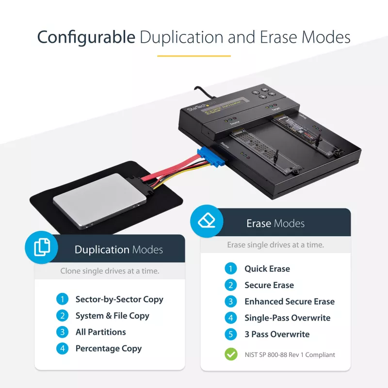 StarTech.com Duplicatore e cancellatore standalone M.2 SATA e M.2 NVMe - Clonatore/wiper HDD/SSD per M.2 PCIe AHCI/NVMe, M.2 SATA, unità SATA da 2,5/3,5 pollici - Cancellatore/duplicatore di dischi fissi esterno, TAA