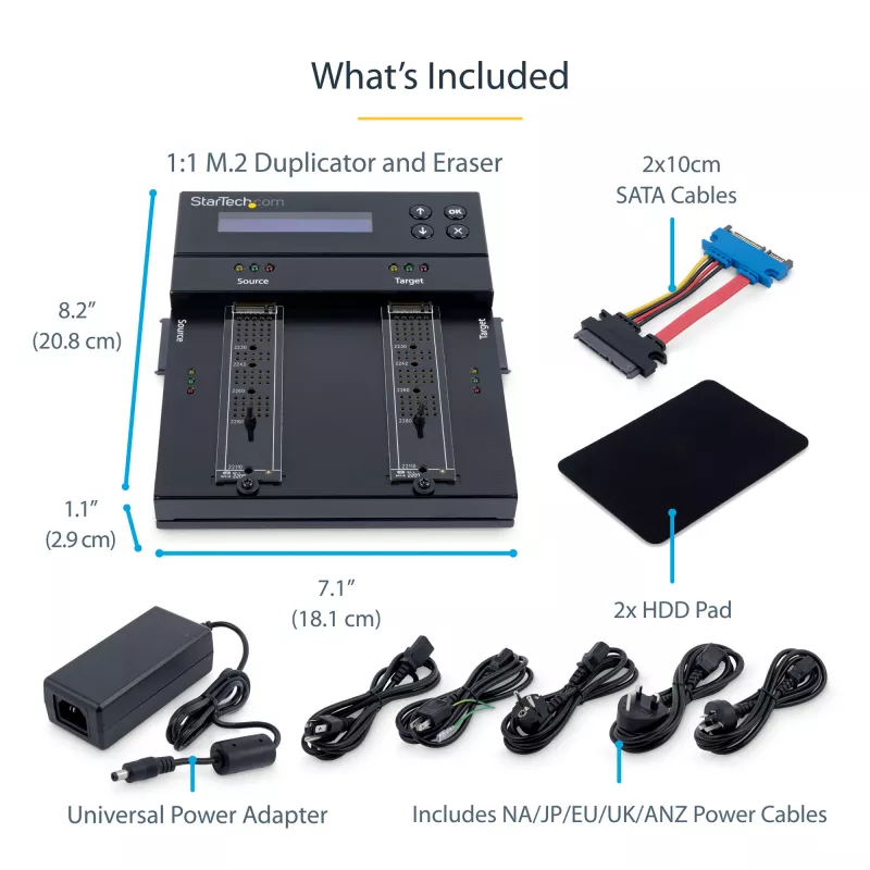 StarTech.com Duplicatore e cancellatore standalone M.2 SATA e M.2 NVMe - Clonatore/wiper HDD/SSD per M.2 PCIe AHCI/NVMe, M.2 SATA, unità SATA da 2,5/3,5 pollici - Cancellatore/duplicatore di dischi fissi esterno, TAA