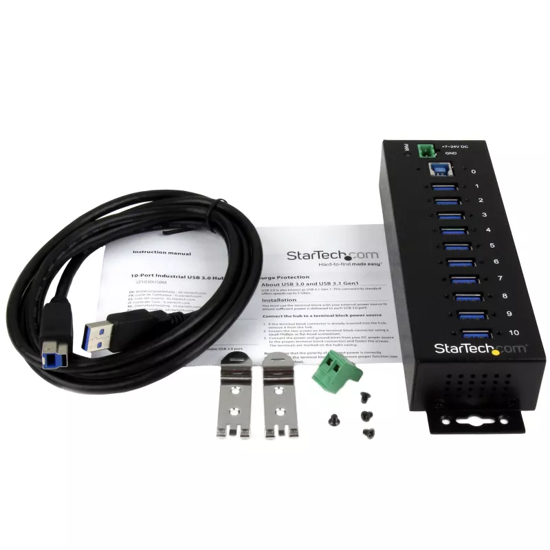 StarTech.com hub USB 3.0 industriale 10 porte – protezione ESD e sovratensione~hub USB 3.0 10 porte – 5 Gbit/s – hub USB-A industriale in metallo con protezione ESD e sovratensione – montaggio su guida DIN, a parete o da tavolo – hub di espansione USB conforme TAA