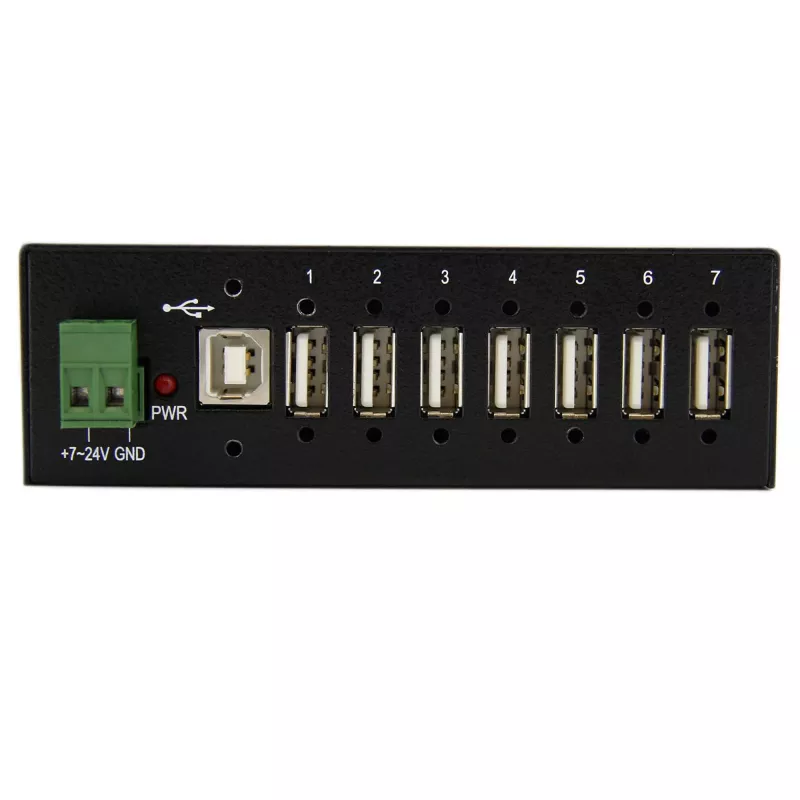 StarTech.com ST7200USBM hub USB 2.0 industriale a 7 porte, custodia in metallo, protezione ESD e da sovratensioni, montabile su guida DIN/parete/scrivania, 7–24 V DC, conforme TAA, nero