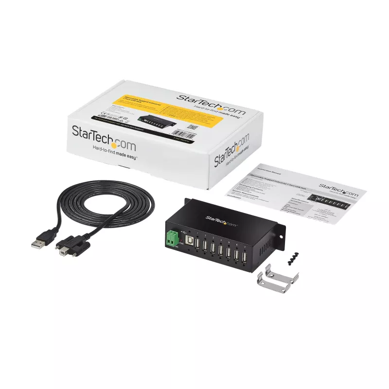 StarTech.com ST7200USBM hub USB 2.0 industriale a 7 porte, custodia in metallo, protezione ESD e da sovratensioni, montabile su guida DIN/parete/scrivania, 7–24 V DC, conforme TAA, nero