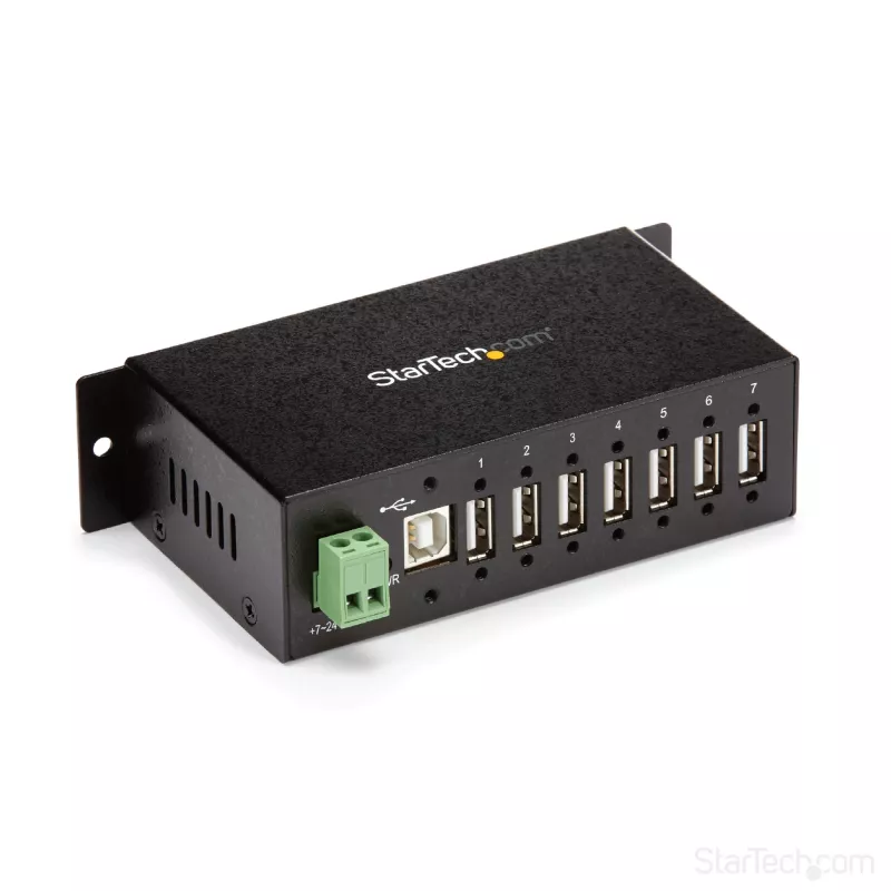 StarTech.com ST7200USBM hub USB 2.0 industriale a 7 porte, custodia in metallo, protezione ESD e da sovratensioni, montabile su guida DIN/parete/scrivania, 7–24 V DC, conforme TAA, nero