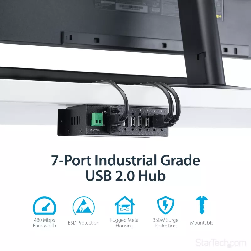 StarTech.com ST7200USBM hub USB 2.0 industriale a 7 porte, custodia in metallo, protezione ESD e da sovratensioni, montabile su guida DIN/parete/scrivania, 7–24 V DC, conforme TAA, nero