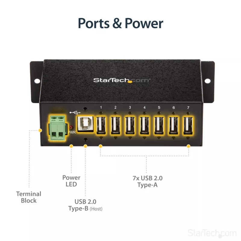 StarTech.com ST7200USBM hub USB 2.0 industriale a 7 porte, custodia in metallo, protezione ESD e da sovratensioni, montabile su guida DIN/parete/scrivania, 7–24 V DC, conforme TAA, nero
