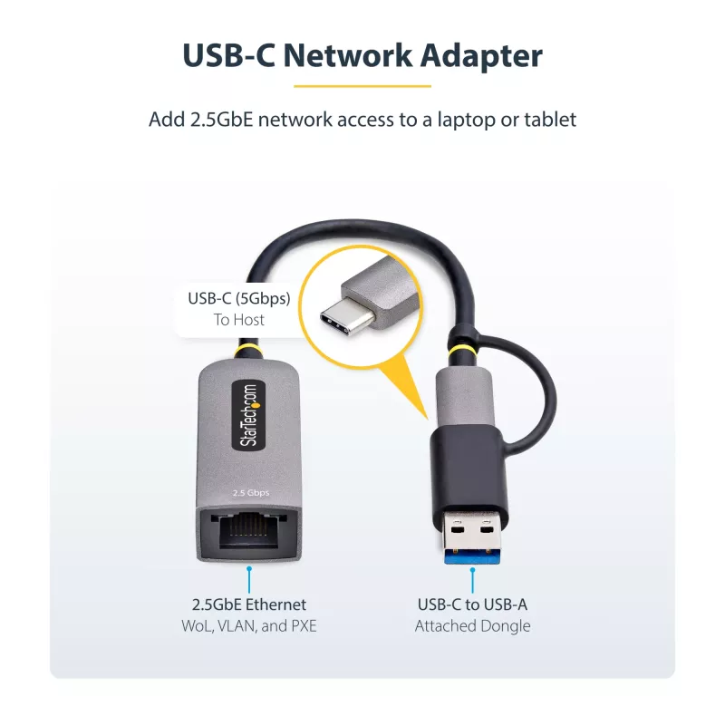 StarTech.com adattatore USB-C a Ethernet 2.5GbE con convertitore USB-A, NIC NBASE-T, USB 3.0 Type-C 2.5/1G rete multi speed, compatibile Thunderbolt, Windows e Mac