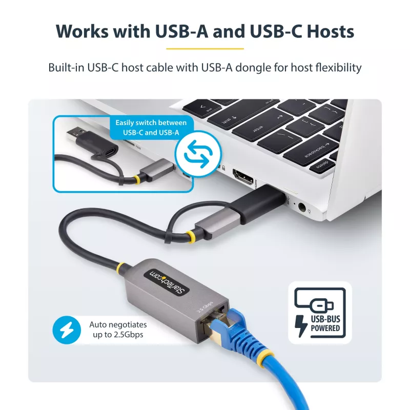 StarTech.com adattatore USB-C a Ethernet 2.5GbE con convertitore USB-A, NIC NBASE-T, USB 3.0 Type-C 2.5/1G rete multi speed, compatibile Thunderbolt, Windows e Mac