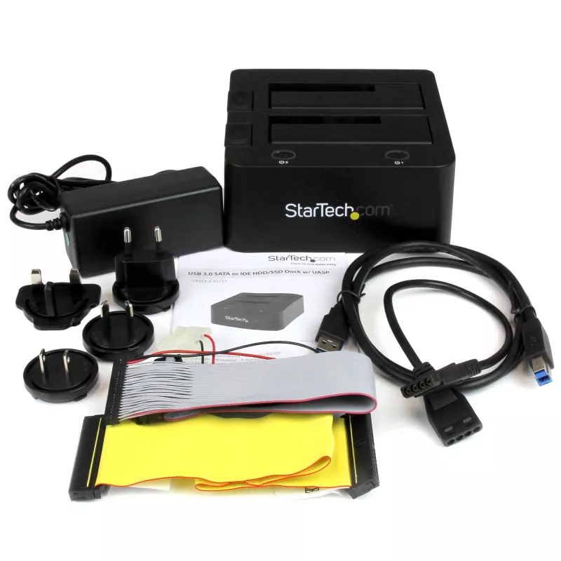 StarTech.com docking station per dischi fissi da USB 3.0 a SATA e IDE dual-bay, dock per HDD USB, docking station esterna per SSD/HDD SATA I/II/III e IDE (40 pin) 2,5/3,5 pollici, alloggiamenti hot-swap, caricamento dall'alto