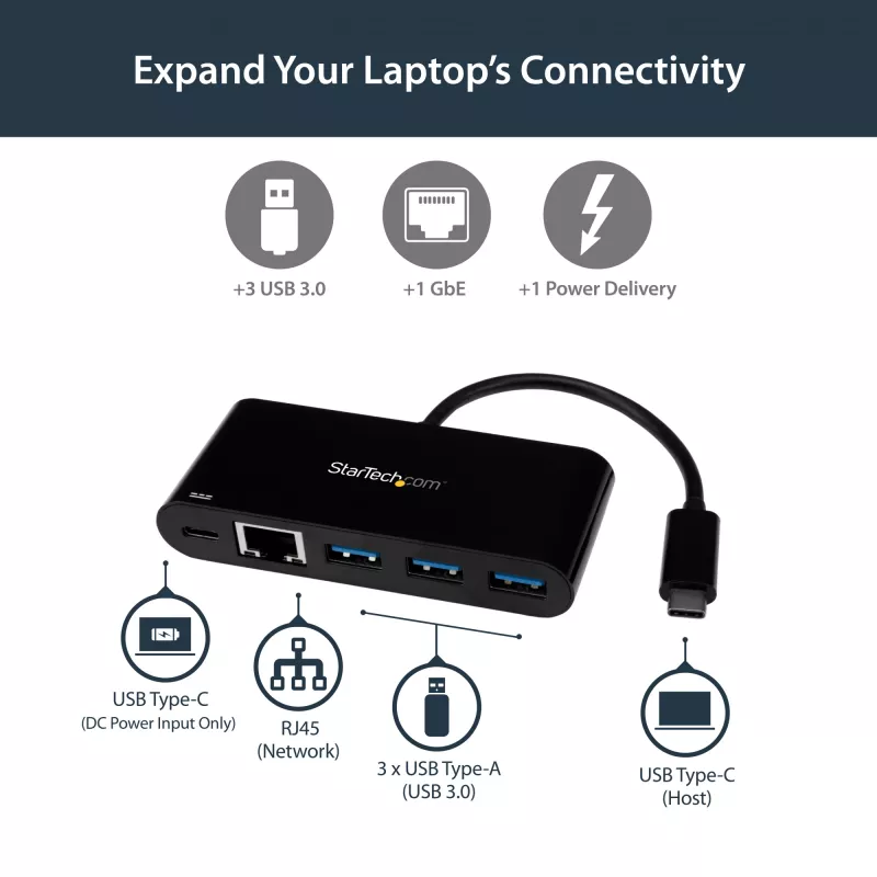 StarTech.com adattatore USB-C a Ethernet con hub USB 3.0 a 3 porte e Power Delivery