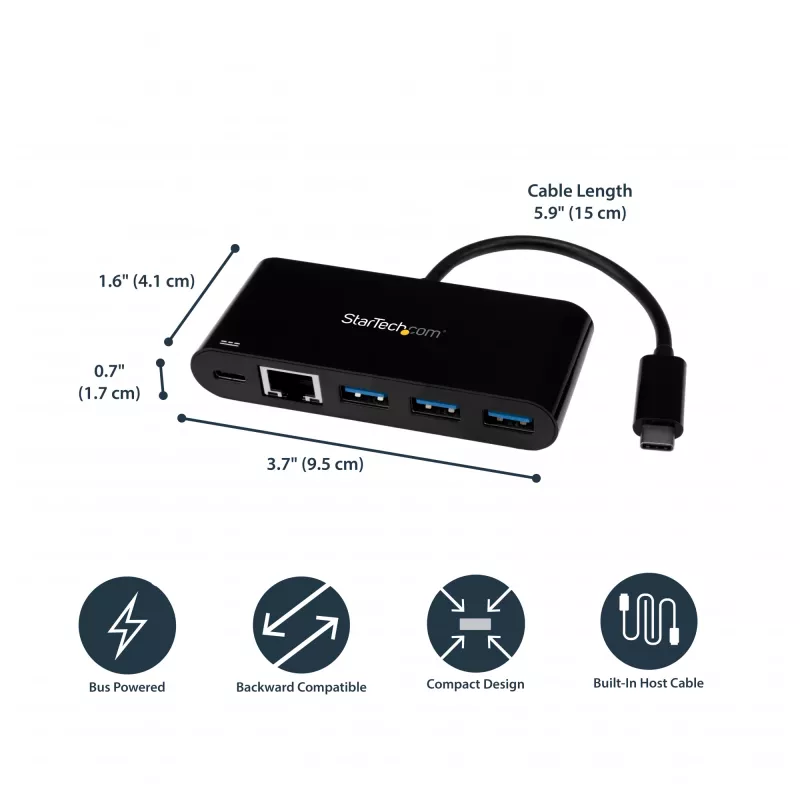 StarTech.com adattatore USB-C a Ethernet con hub USB 3.0 a 3 porte e Power Delivery