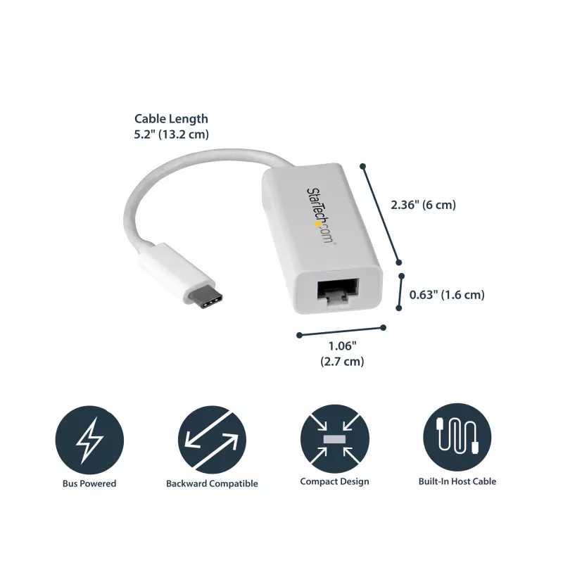 StarTech.com adattatore di rete USB-C a Gigabit - bianco, con filo, USB Type-C, Ethernet, 5000 Mbit/s, bianco