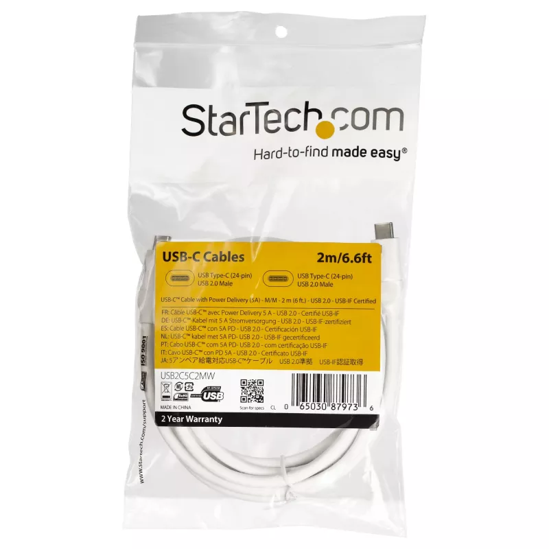 StarTech.com cavo USB-C a USB-C con 5 A PD – M/M – bianco – 2 m – USB 2.0 – certificato USB-IF
