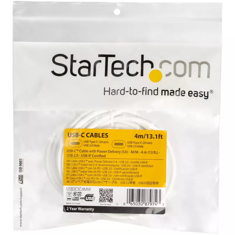 StarTech.com cavo USB-C a USB-C con 5A PD - M/M - bianco - 4 m - USB 2.0 - certificato USB-IF