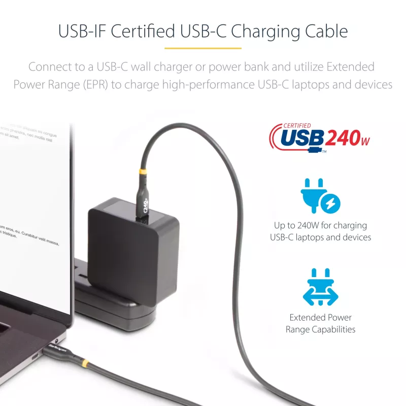StarTech.com Cavo di ricarica USB-C da 1 m, cavo USB-C certificato USB-IF, 240W PD EPR, cavo di ricarica per laptop USB 2.0 Type-C, cavo per trasferimento dati USB-C, guaina in TPE, M/M
