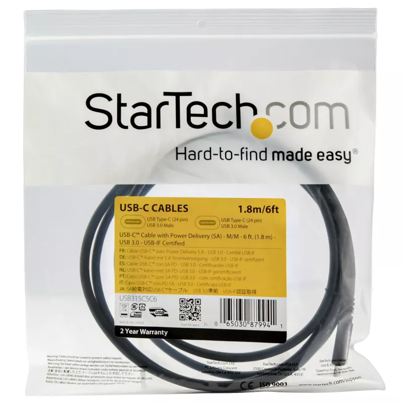 StarTech.com Cavo USB-C a USB-C da 1,8 m – 5 A, 100 W PD 3.0 – certificato per Chromebook – certificato USB-IF – M/M – USB 3.0 5 Gbit/s – cavo di ricarica USB-C – cavo USB Type-C