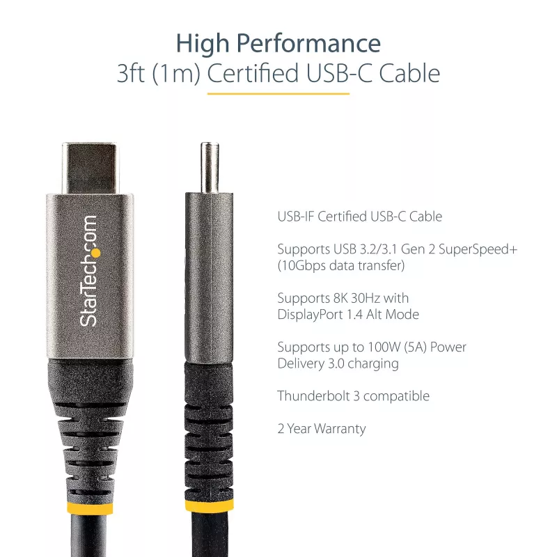 StarTech.com Cavo USB-C da 3ft (1m) 10 Gbit/s – Cavo USB-C certificato USB-IF – Cavo USB 3.1 Type-C – Ricarica 100W (5A) Power Delivery, modalità DP Alt – Cavo USB-C a C – Ricarica e sincronizzazione