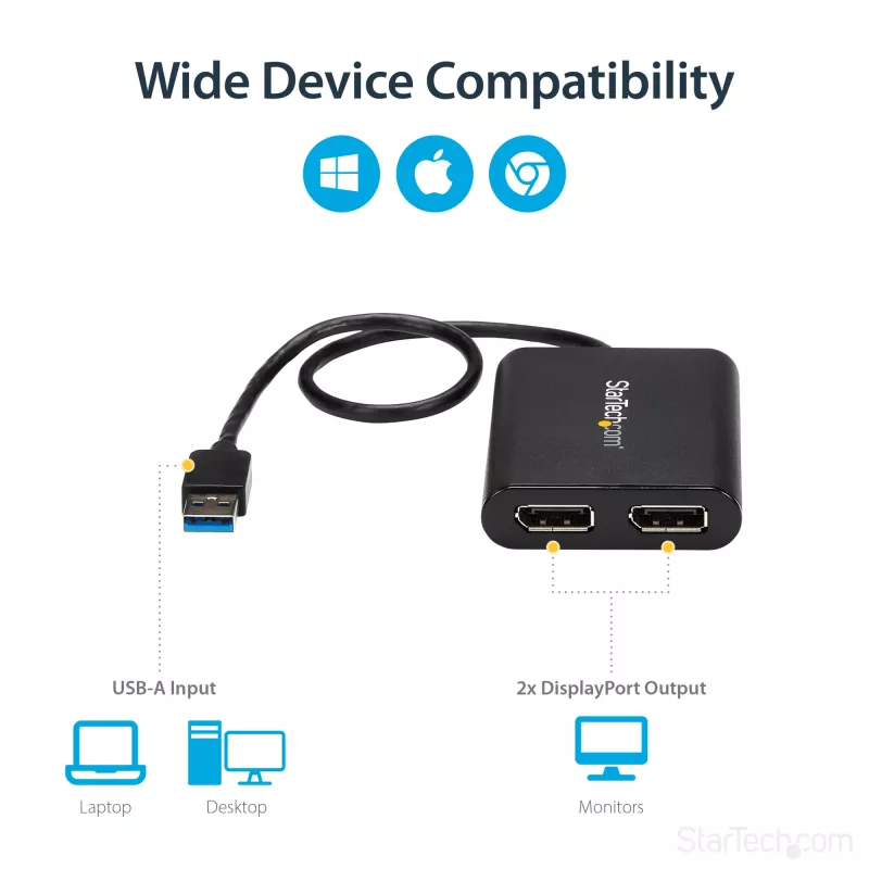 StarTech.com Adattatore USB 3.0 a doppio DisplayPort – 4K 60 Hz, 3.2 Gen 1 (3.1 Gen 1), USB Type-A, uscita DisplayPort, 4096 x 2160 pixel