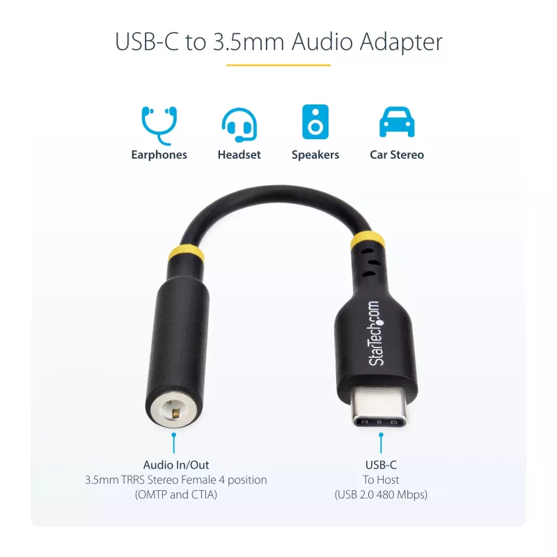 StarTech.com USBCAUDIO2 adattatore audio da USB-C a 3,5 mm TRRS per cuffie/auricolare con microfono, DAC a 32 bit, compatibile con Thunderbolt, 12,7 cm, nero