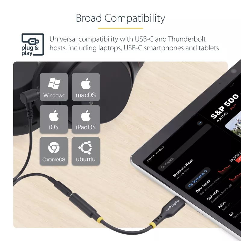 StarTech.com USBCAUDIO2 adattatore audio da USB-C a 3,5 mm TRRS per cuffie/auricolare con microfono, DAC a 32 bit, compatibile con Thunderbolt, 12,7 cm, nero