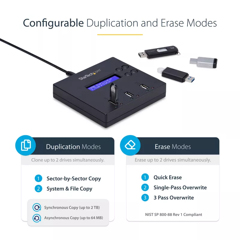 StarTech.com Duplicatore e cancellatore USB standalone 1 a 2, copiatore multi-USB flash drive, copia di sistema e file e copia completa del drive a 1,5 GB/min, cancellazione singola e a 3 passaggi, display LCD – TAA