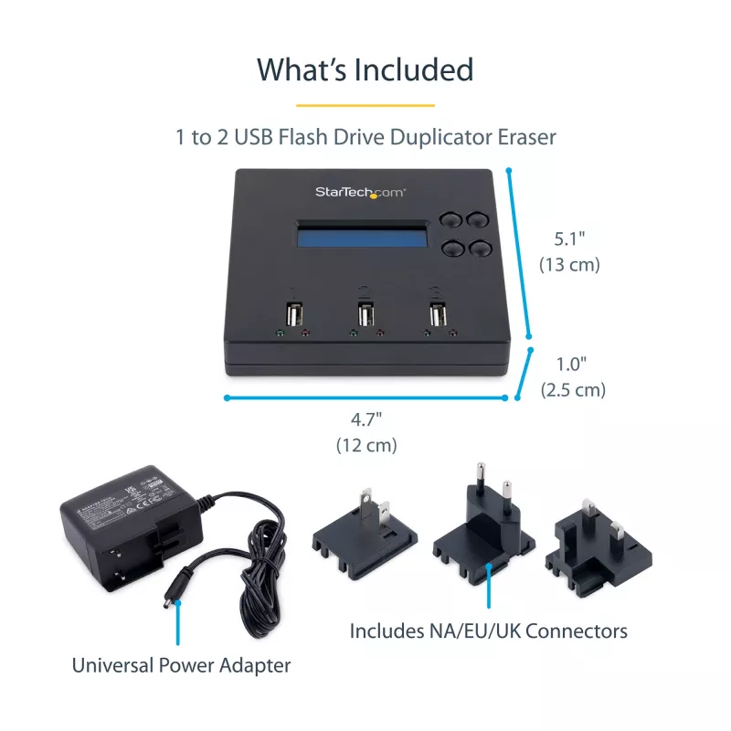 StarTech.com Duplicatore e cancellatore USB standalone 1 a 2, copiatore multi-USB flash drive, copia di sistema e file e copia completa del drive a 1,5 GB/min, cancellazione singola e a 3 passaggi, display LCD – TAA