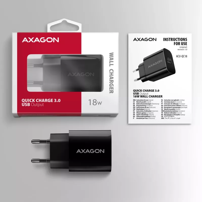 Axagon ACU-QC18 QC 3.0 1× uscita caricabatterie da parete 18W, interno, AC, nero