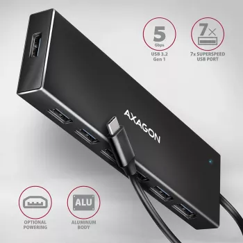 Axagon HUE-F7C hub 7x USB 3.2 Gen 1 in ALU piatto con ingresso micro-alimentazione 30cm USB-C USB 3.2 Gen 1 (3.1 Gen 1) Type-A 5000 Mbit/s nero