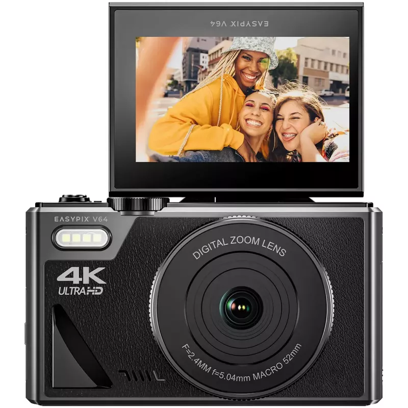 Easypix V64 Flip 20203 fotocamera digitale compatta, 64 MP, video 4K, display ribaltabile da 3 pollici, zoom digitale 18x, WiFi